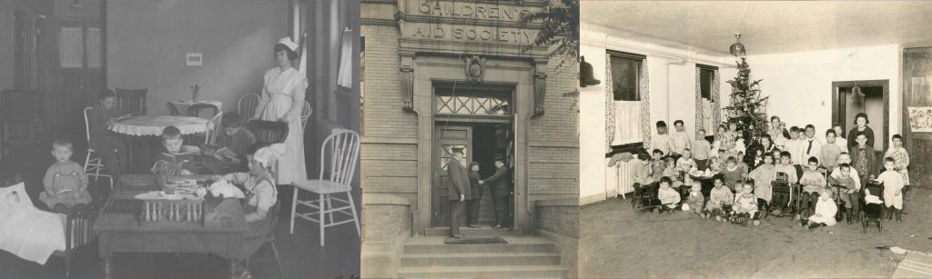 Three vintage photos in black and white show children at a table playing, the exterior of the Children's Aid Society building, and children in front of a Christmas tree.