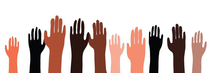 Hands of different colors are raised in unity
