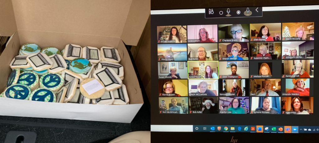 Two photos side-by-side. To the left, a box of decorated sugar cookies. To the right, a laptop shows a Zoom session.