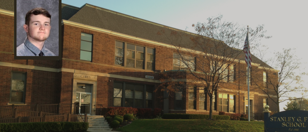 Exterior shot of the Stanley G. Falk School Cambridge campus; a headshot of a young man in the top left corner