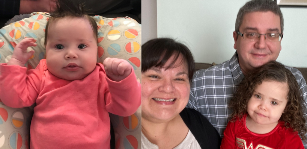 Side-by-side photos, a young baby in pink onesie on the left, a mother, father, and daughter on the right