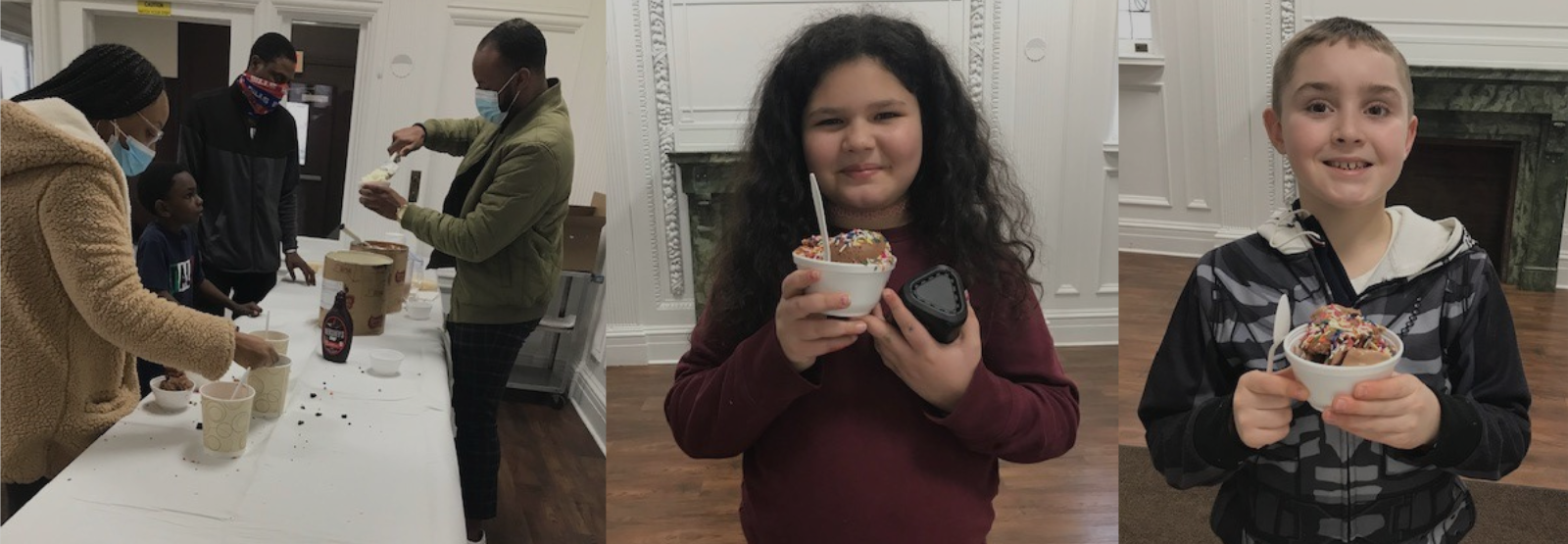 Adults dish out ice cream as children hold bowls smiling