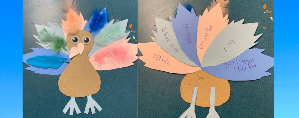 Two side-by-side photos of the front and back of a paper turkey made by a child.