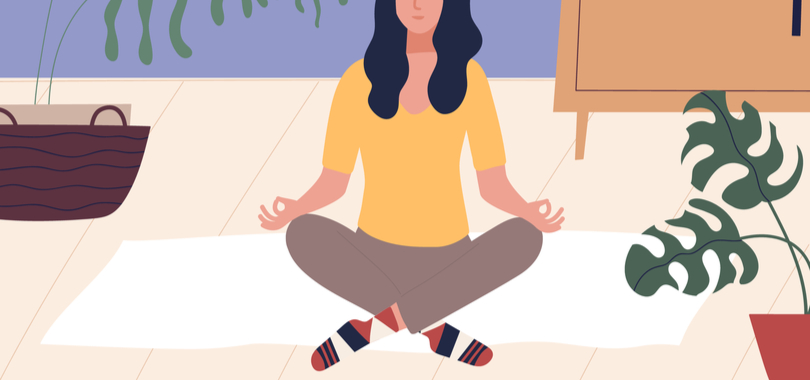 A cartoon of a woman sitting in a yoga pose in an office setting